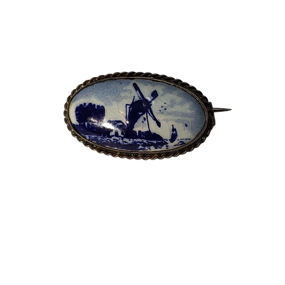 Vintage silver Delft blue & white porcelain windmill oval brooch‎ pin